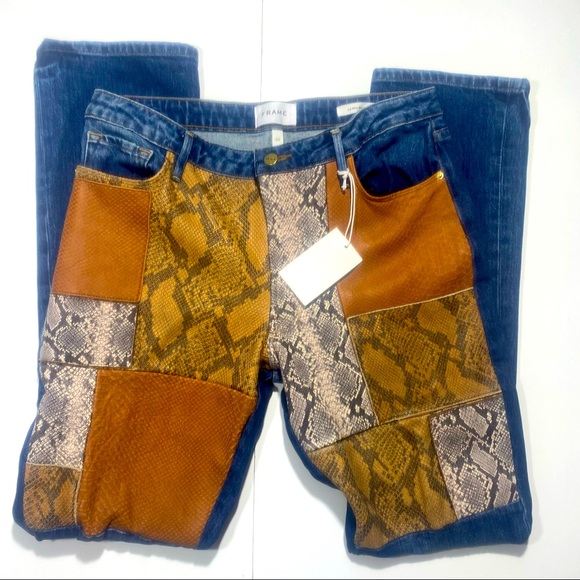 Frame Le Mini Boot Leather Patchwork Snake Print Mid Rise Jeans NWT Size 30 - Picture 2 of 16